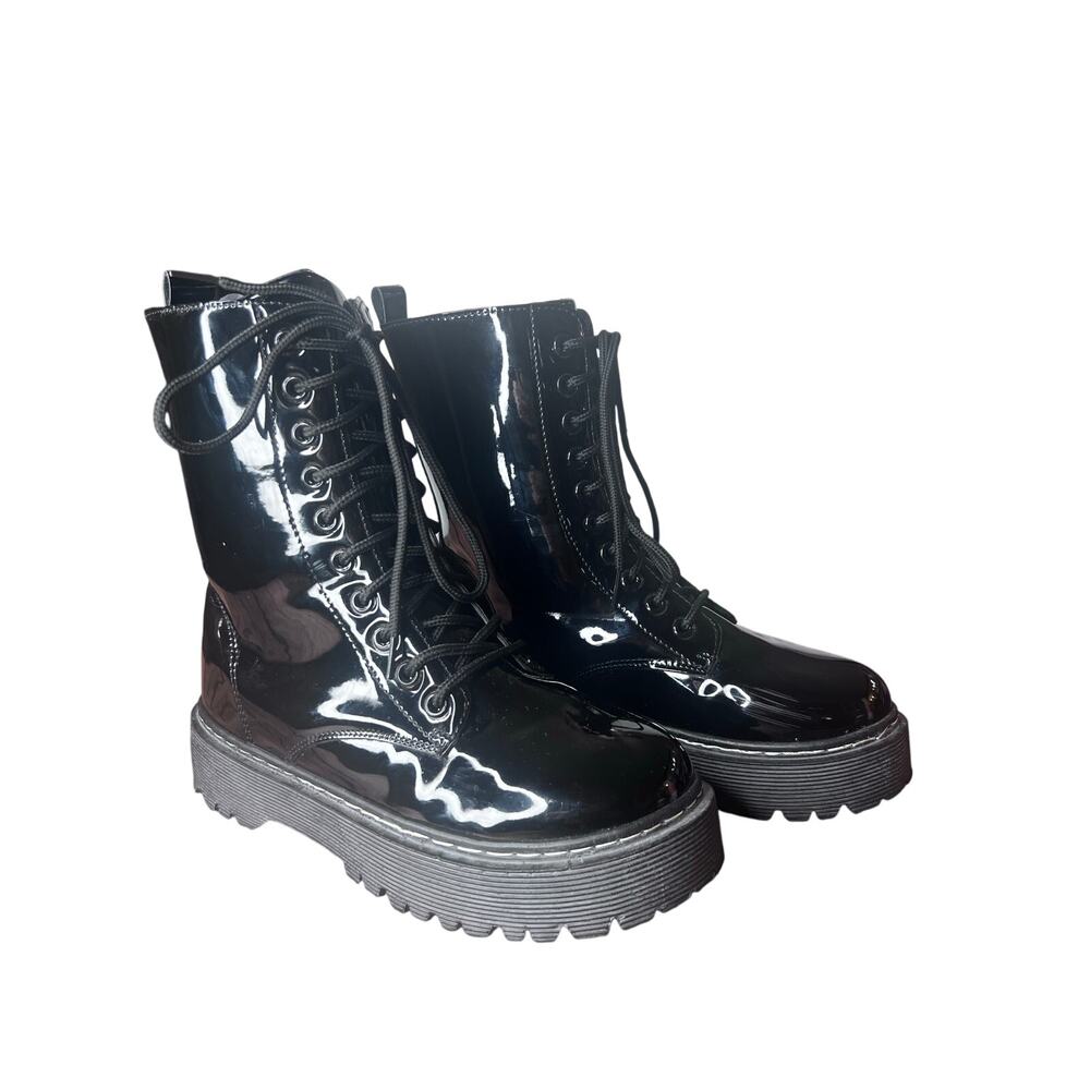 Black Patent Faux‎ Leather Lace Up Boots Women's 8
